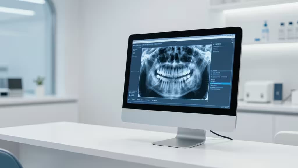 Um monitor elegante exibe uma radiografia odontológica em uma mesa branca moderna em uma clínica iluminada.