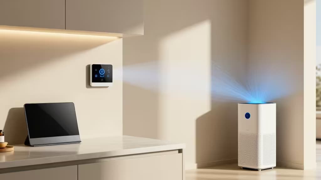 A smart display hub, wall-mounted controller, and air purifier with blue light stand in a sunlit modern kitchen.