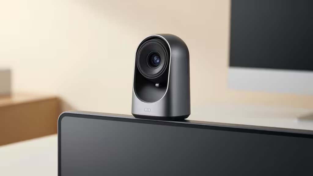 Une webcam noire et argentée posée sur un écran, prête pour des appels Zoom.