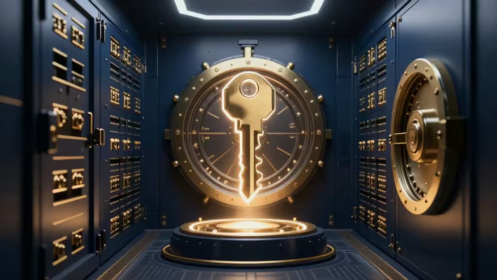 Abstract institutional crypto custody vault with glowing cryptographic key shards floating above a secure cold-storage chamber in deep navy and gold tones