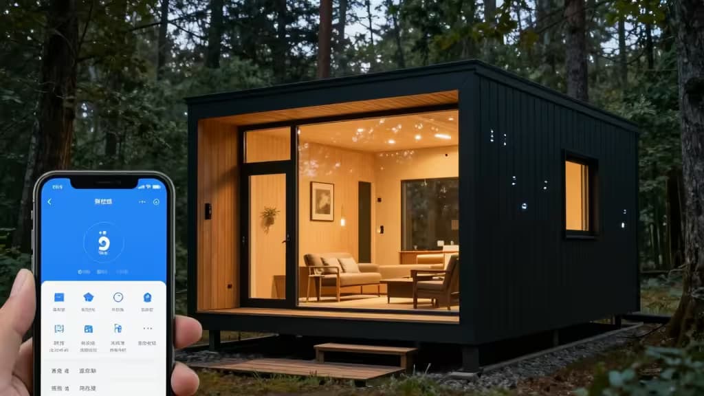 Eine Hand hält ein Smartphone mit einer Smart-Home-App, blickt auf eine moderne schwarze Ferienhütte mit warmem Innenlicht in einem Wald in der Dämmerung.