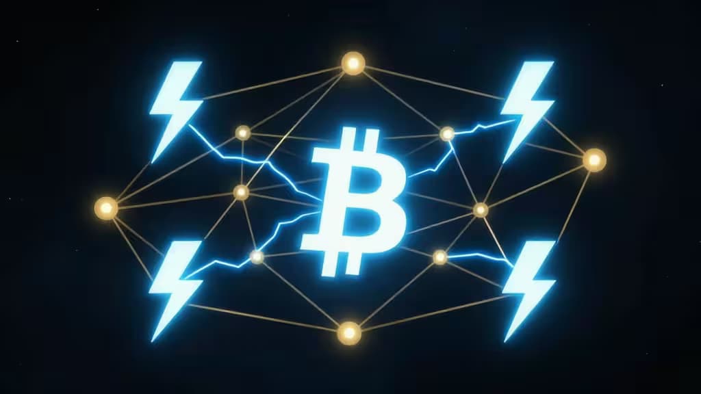 Abstrakcyjna wizualizacja sieci Lightning Network Bitcoin: świecące błyskawice łączące złote węzły na ciemnym tle, symbolizujące błyskawiczne płatności kryptowalutami