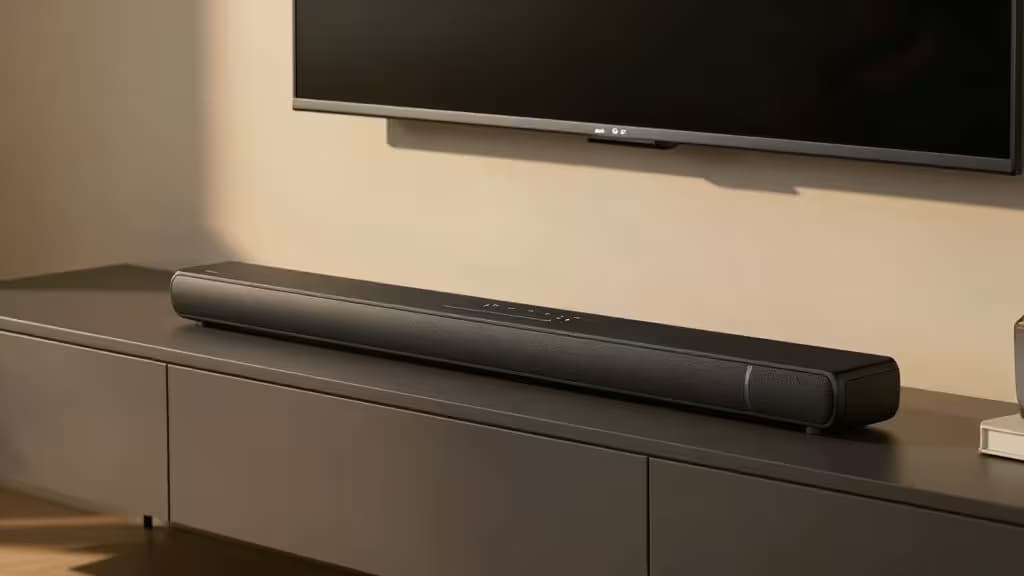 Kompaktowy soundbar na nowoczesnej szafce RTV pod telewizorem naściennym w minimalistycznym salonie z ciepłym oświetleniem ambientowym