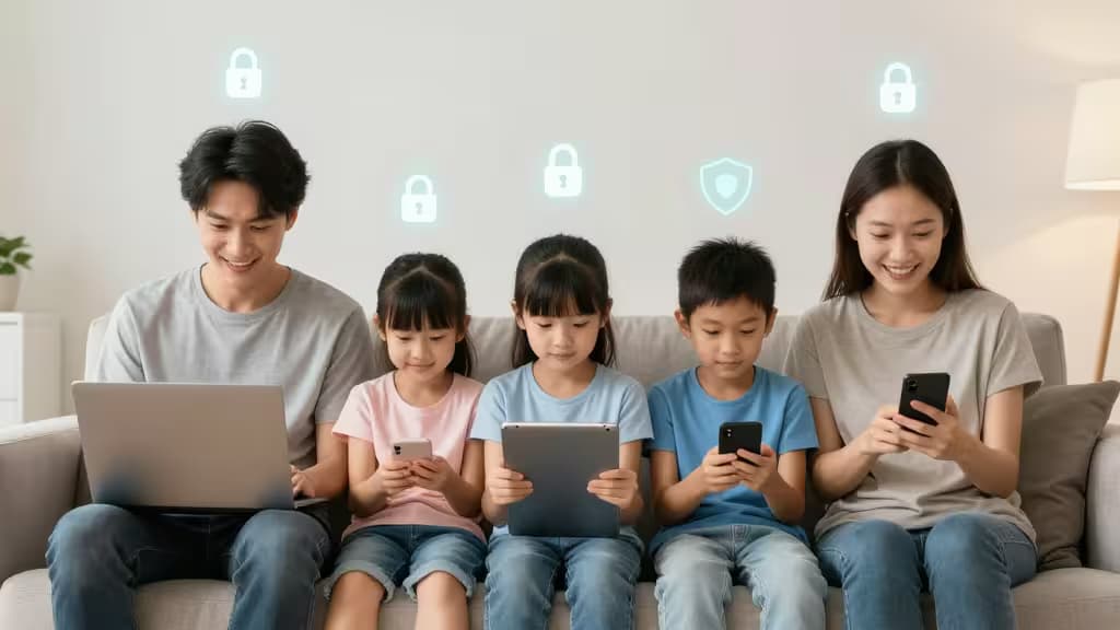 Een gezin van vijf gebruikt laptops en telefoons op de bank, omringd door gloeiende hangslot-icoontjes.