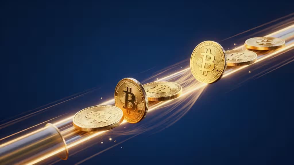 Abstract illustration of fiat currency converting into cryptocurrency through a glowing pipeline with speed lines, in deep blue and gold tones