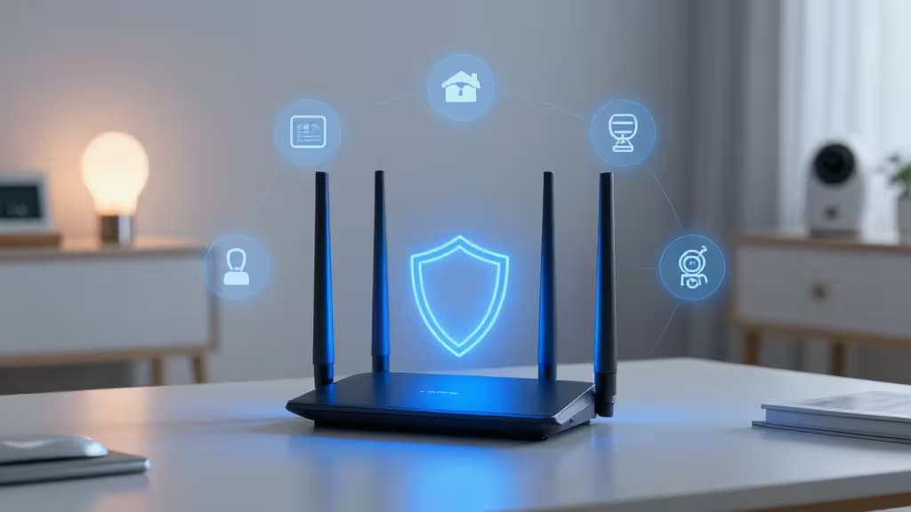 Un routeur noir élégant avec une icône de bouclier lumineux bleu et des icônes d'appareils connectés.