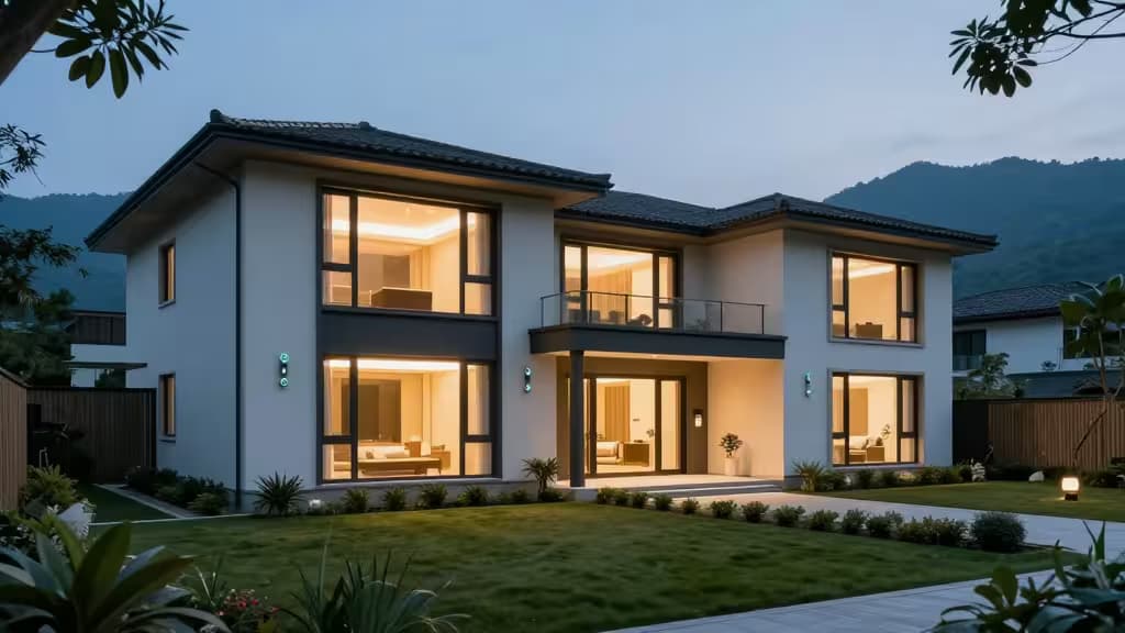 Modern stucco vacation home glows warmly at dusk, its expansive glass windows and smart exterior lights highlighting automated comfort against mountainous twilight.