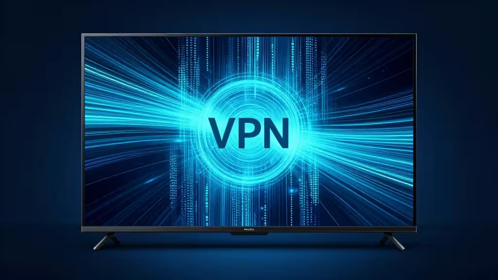 Smart TV illuminata in una stanza buia con un flusso di dati cifrati che la avvolge a forma di scudo, concetto di streaming IPTV protetto da VPN