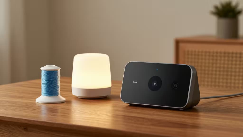Un Google Nest Hub, una lampada e un rocchetto di filo blu su un tavolo di legno, a rappresentare i dispositivi Matter e Thread per la casa intelligente.