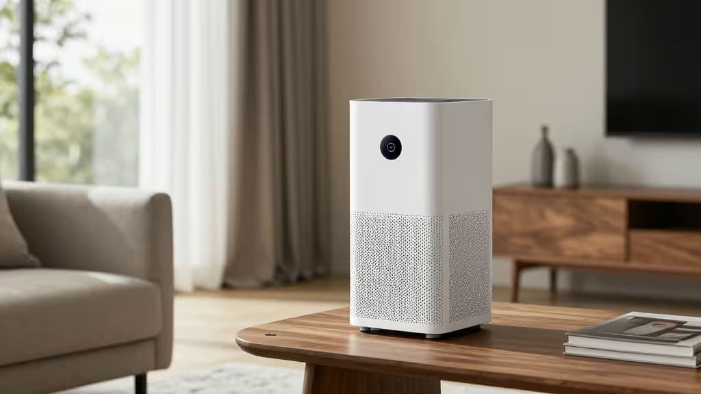 White smart air purifier with perforated grille sits on wooden coffee table in modern living room.
