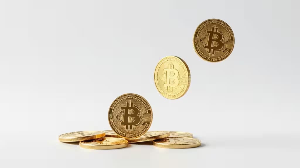 Gouden Bitcoin-munten cascaderen tegen een witte achtergrond, symboliserend hoe crypto-to-cash off-ramps zoals Coinbase en MoonPay werken in 2026.