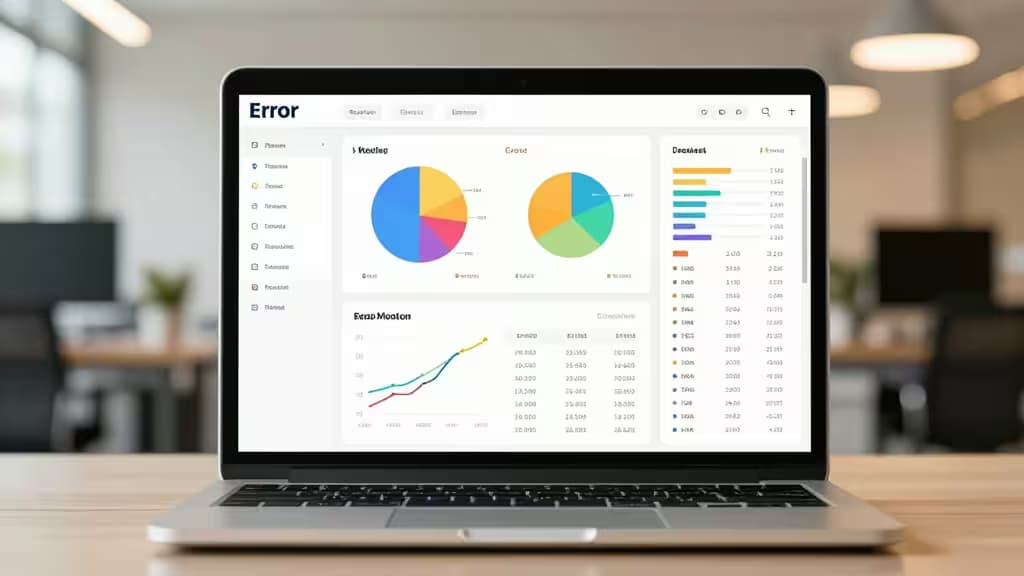 Laptop displays colorful error monitoring dashboard with pie charts and line graphs on wooden desk.