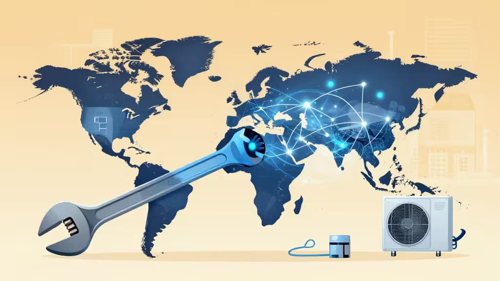 A glowing wrench and AC unit overlay a digital world map, symbolizing AI-powered global home service solutions.