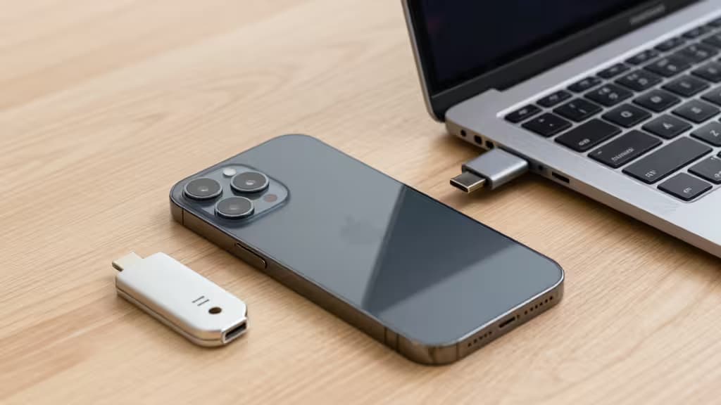 A sleek iPhone 15 Pro rests beside a USB-C security key on a wooden desk, connected to a MacBook.