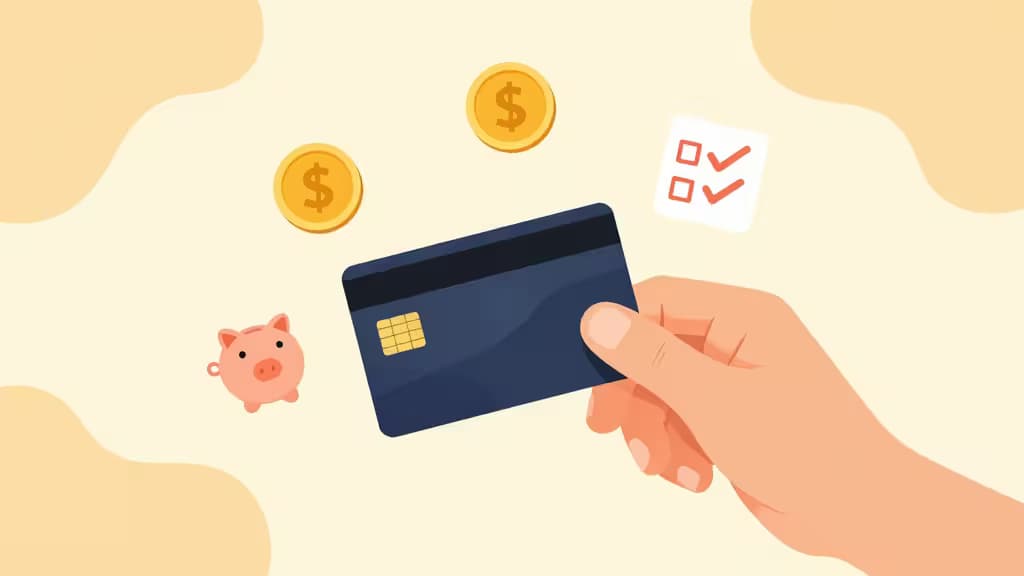 Una mano sostiene una tarjeta de débito azul junto a una alcancía, monedas y una lista de tareas, simbolizando la gestión financiera para adolescentes.