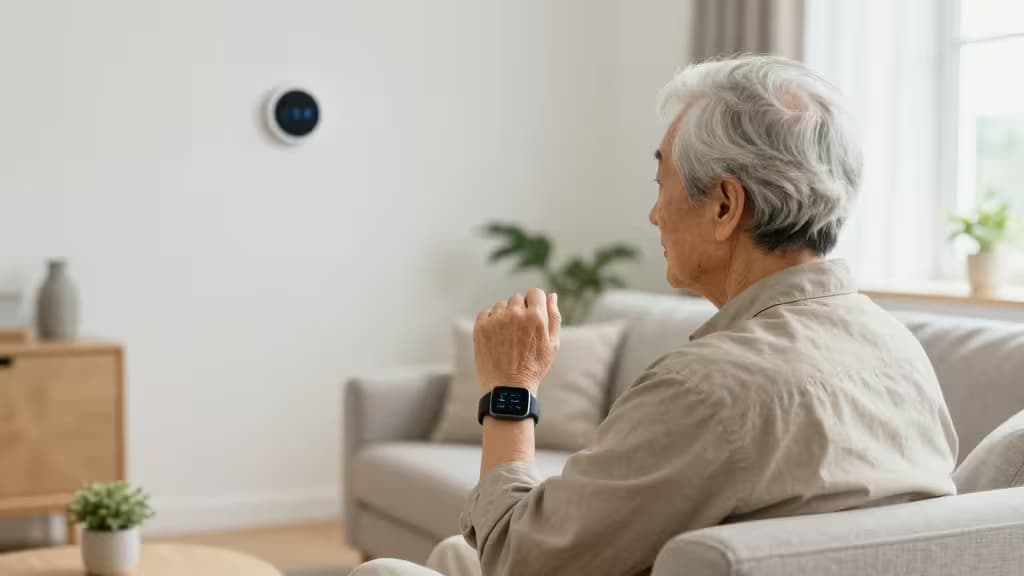 Elderly man sits on beige sofa, wearing smartwatch, facing wall-mounted circular sensor in bright living room.