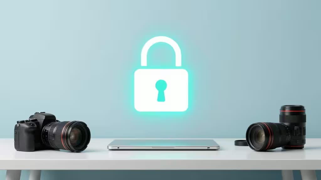 Un bureau blanc avec un appareil photo reflex, des objectifs et un ordinateur portable, surmonté d'une icône de cadenas lumineux.