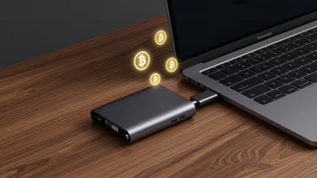 A sleek Ledger hardware wallet connects to a MacBook Pro, glowing with Bitcoin icons on a wooden desk.