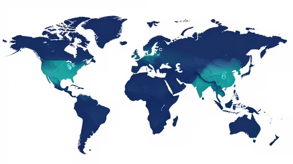 A dark blue world map features glowing teal regions and floating currency symbols like the dollar, euro, and pound.