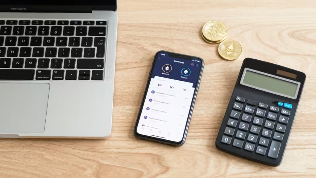 Laptop, téléphone avec application crypto, calculatrice et pièces dorées sur bureau en bois.