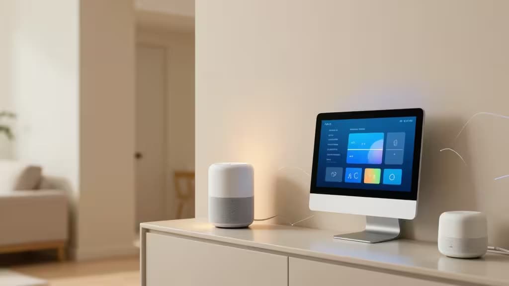 Witte slimme speaker en display op een lichte houten console, illustrerend hoe een Matter-controller apparaten koppelt voor cross-platform smart home-beheer.