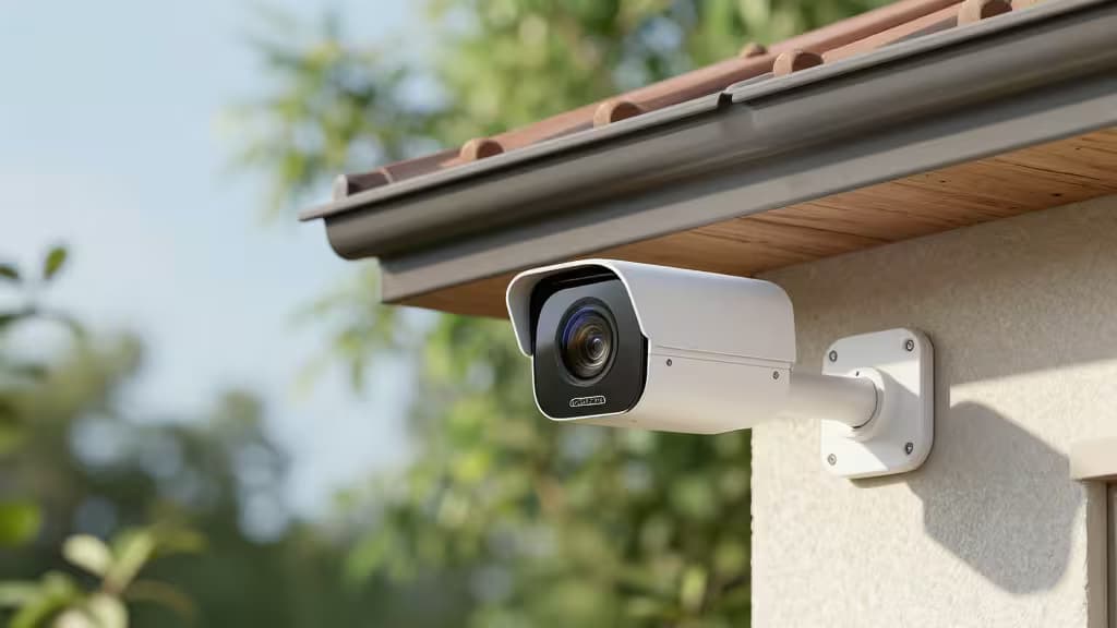 Caméra de surveillance extérieure blanche fixée au mur sous un avant-toit, jardin ensoleillé en arrière-plan.