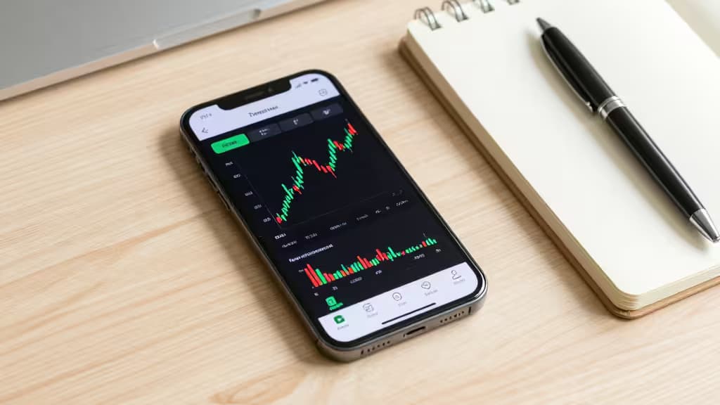 Smartphone displays crypto chart next to notebook and pen on wooden desk.