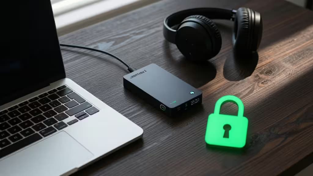 Un laptop collegato a un dispositivo AI locale, con un lucchetto verde luminoso che simboleggia l'elaborazione offline sicura.