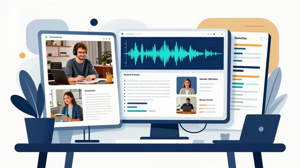 Multiple screens display video, audio waveforms, and research dashboards on a blue desk.