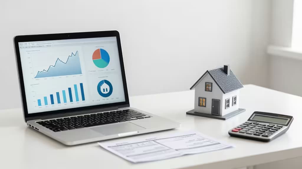 Laptop displaying financial charts sits beside a model house, calculator, and receipts on a white desk.