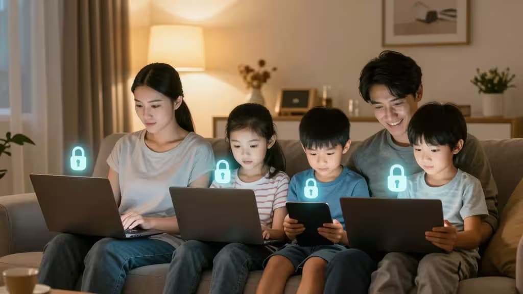 Eine Familie mit vier Personen sitzt auf einem Sofa, jede Person nutzt ein Laptop oder Tablet, uber den Bildschirmen schweben leuchtende Vorhangschloss-Symbole.