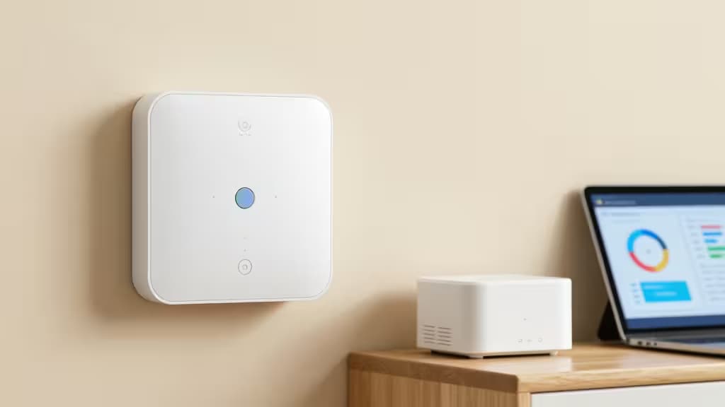 Un termostato inteligente blanco montado en una pared beige, con un portátil mostrando datos de energía cerca.