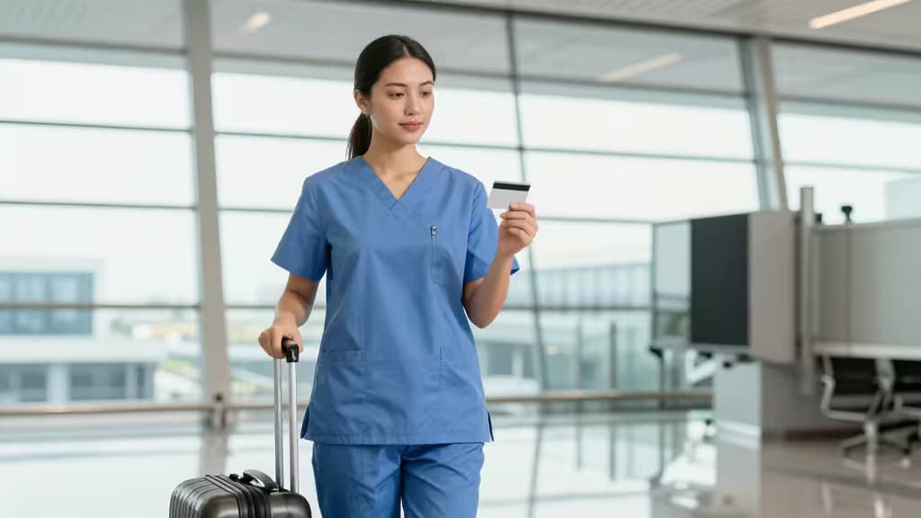A nurse in blue scrubs holds a credit card while pulling a suitcase through an airport terminal.
