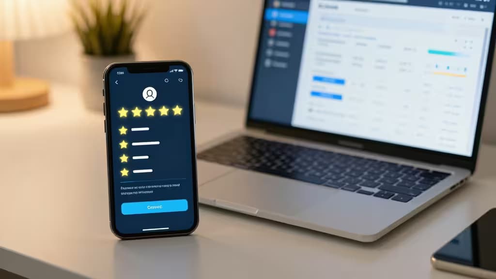 Smartphone displays star ratings beside laptop showing analytics dashboard in modern workspace.