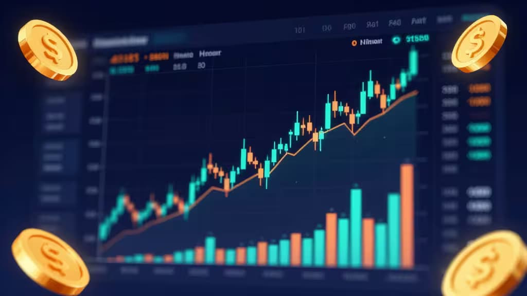 Ilustración abstracta de un panel de trading con velas japónicas y monedas doradas flotantes sobre fondo azul oscuro con acentos turquesa y naranjas