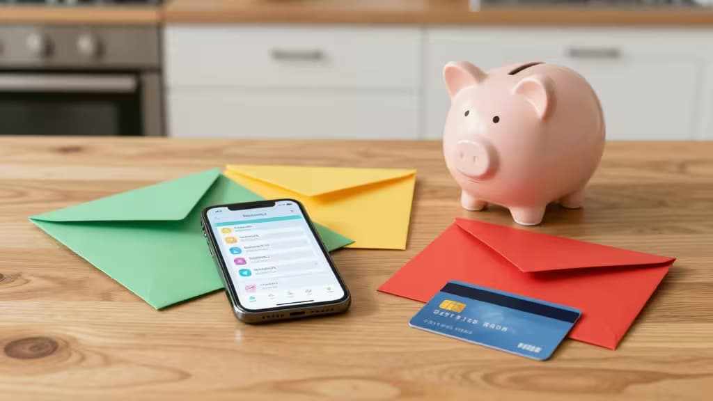 A family kitchen table with a smartphone showing a budgeting dashboard, a piggy bank, colorful envelope folders, and a child's debit card arranged neatly.