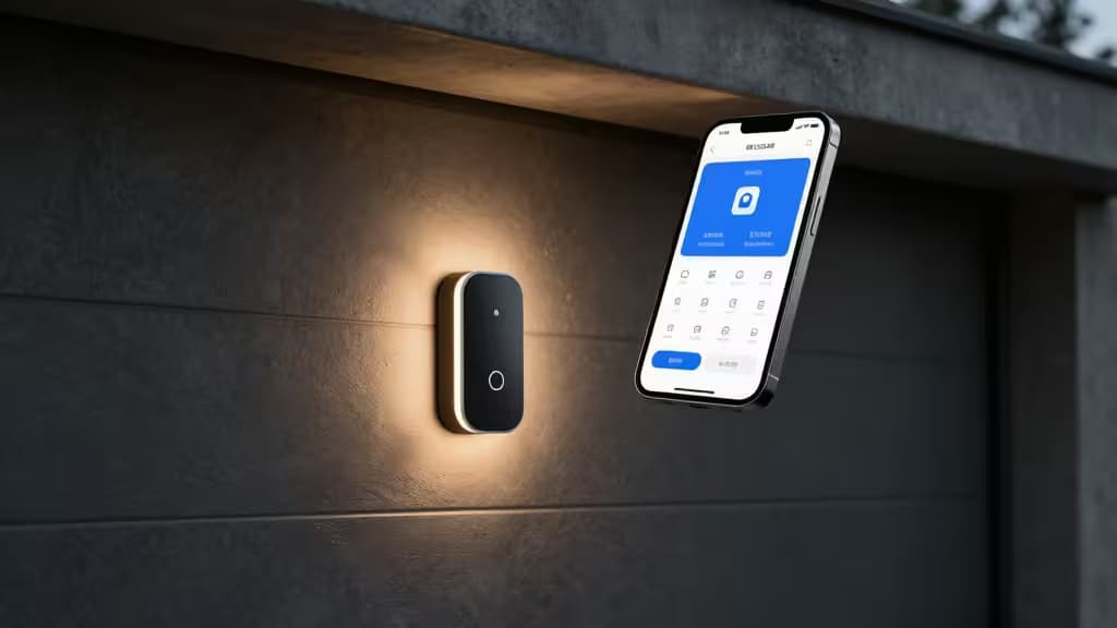 Ein schicker schwarzer Smart-Garagenantrieb mit leuchtendem weißen Knopf neben einem schwebenden Smartphone, das die Steuerungs-App anzeigt.