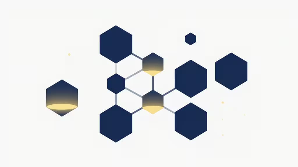Dark blue hexagons with golden gradients form a network, symbolizing DeFi yield farming platforms.
