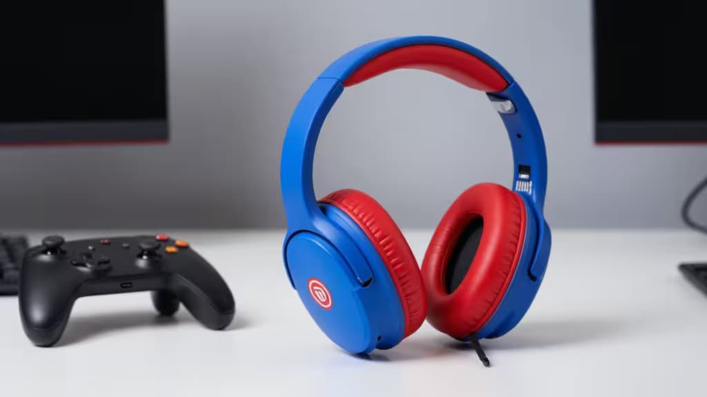 Bright blue and red plastic gaming headset with padded ear cups rests on a white desk beside a black game controller.