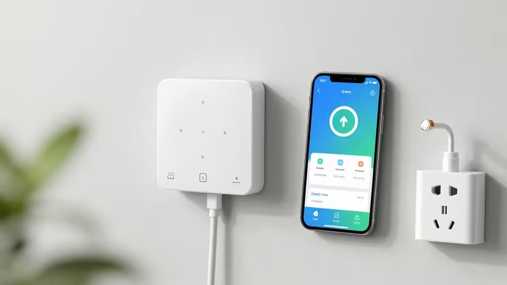 White smart switch, phone app, and plug mounted on wall for energy control.