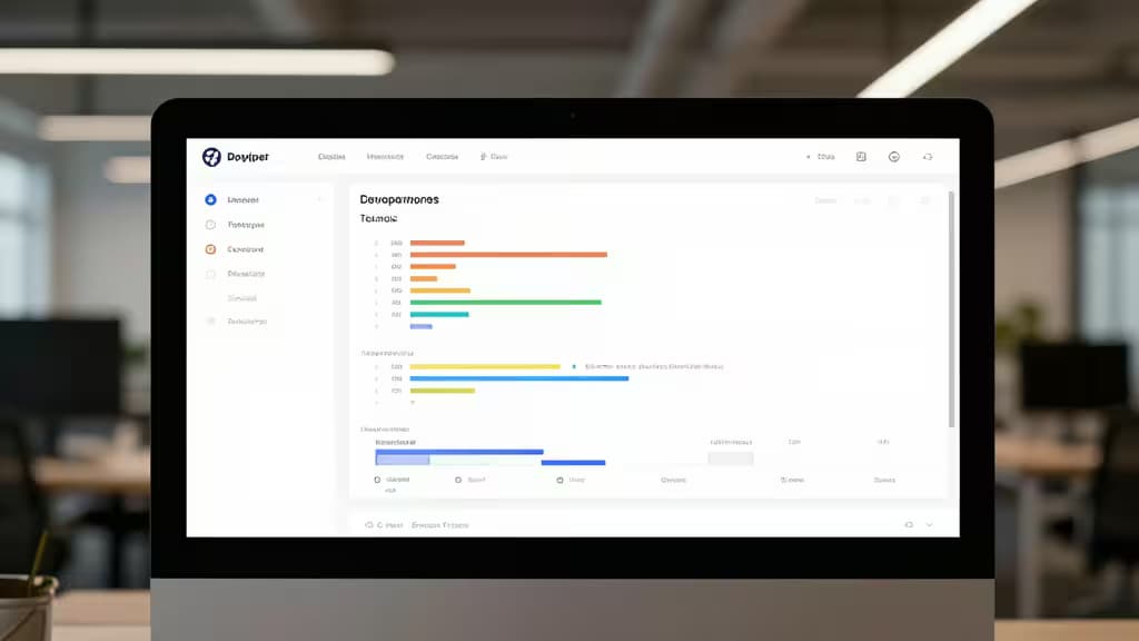 Laptop displays Doppler dashboard with colorful error metrics, set against blurred office background.