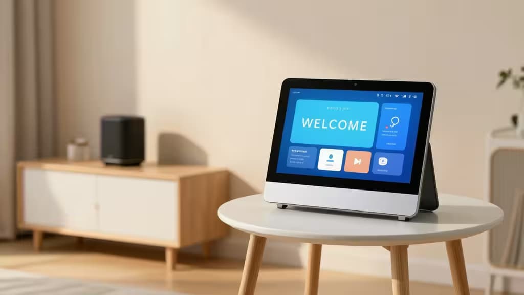 A smart display and speaker sit on a wooden table in a bright living room.