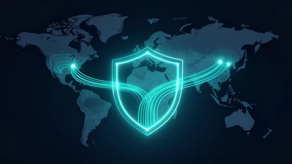 Glowing cyan shield protects global data streams connecting North America and Asia across a dark world map.