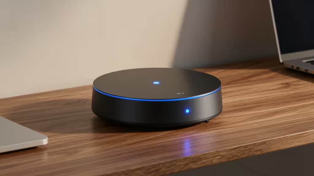 Schwarzer Zigbee-Hub mit blauem LED-Ring auf Holzdesk, modern und funktional.