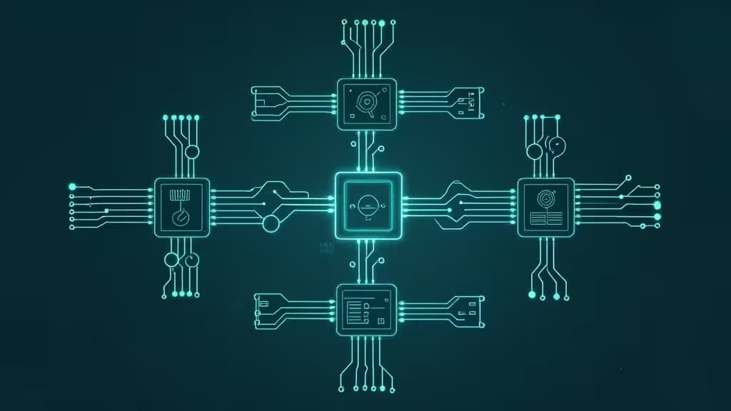 Glowing cyan circuit nodes and data pipelines interconnect symmetrically on a dark teal background, symbolizing automated workflows.