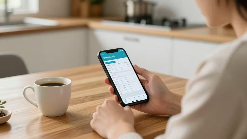 Eine alleinerziehende Person sitzt am Küchentisch, hält ein Smartphone mit einer Budget-App in der Hand, daneben eine Tasse Kaffee – warme, einladende Atmosphäre.