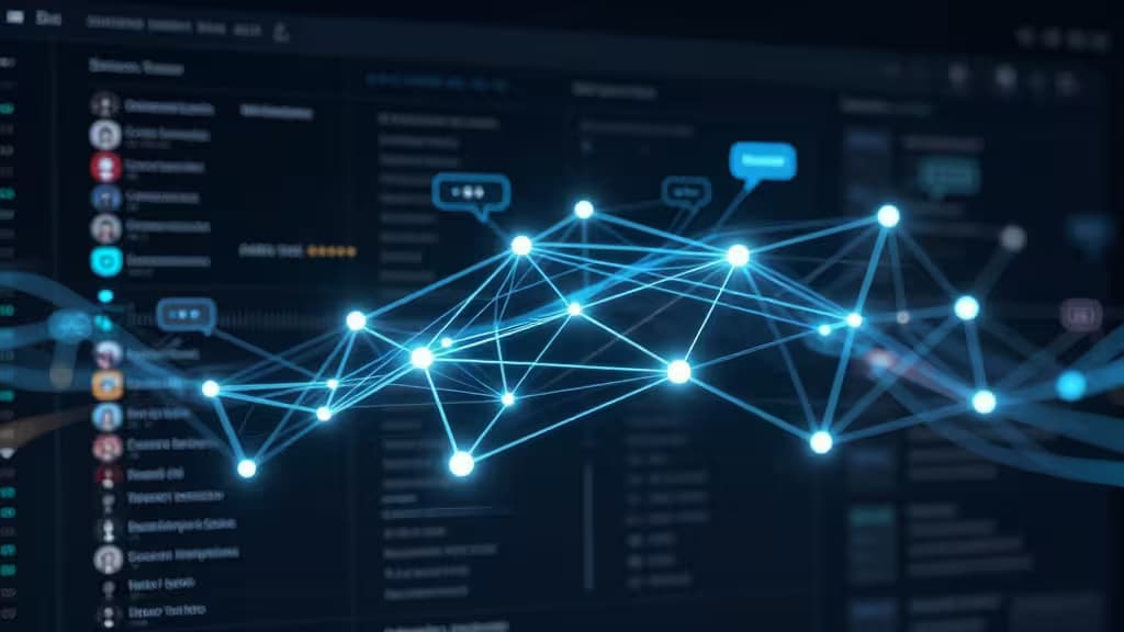 Glowing blue network nodes overlay a dark social media dashboard interface.