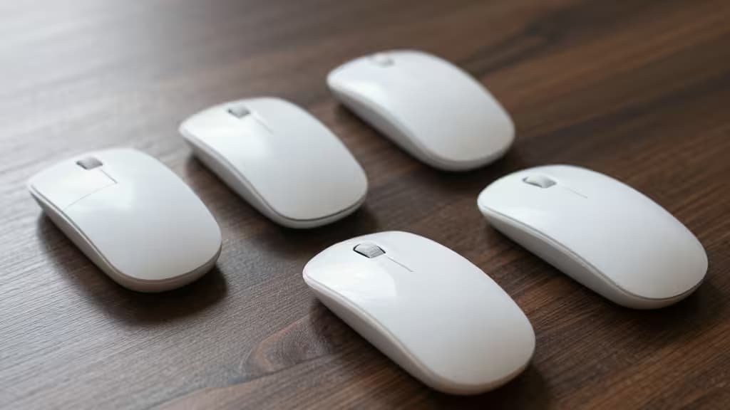 Five white wireless mice arranged on a dark wood surface, showcasing sleek designs for budget-conscious Windows users.