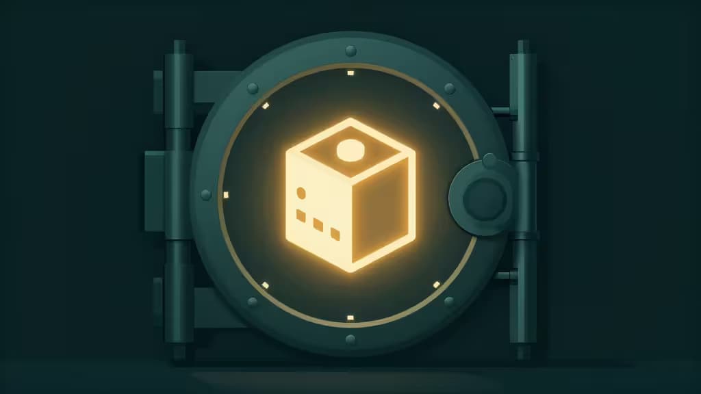 Un coffre-fort métallique sécurisé affiche un cube lumineux, symbolisant la gestion des secrets Kubernetes.