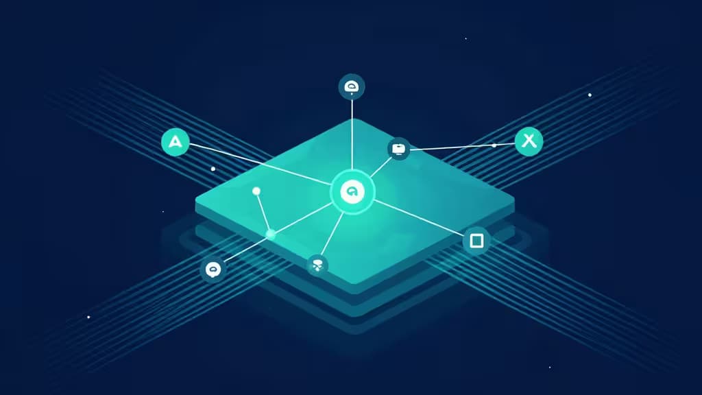 A glowing teal API gateway hub connects diverse service nodes via white lines on a dark blue background.